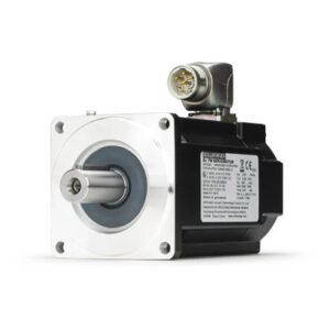 Industrial servo motor with a square flange, protruding metal shaft, and top-mounted electrical connector.
