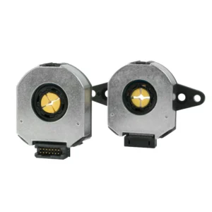 Compact circular black and silver modular rotary encoder with central shaft opening and radial connector housing.