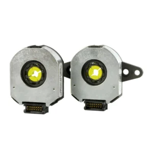 Compact circular modular rotary encoder with black housing, central shaft bore, and side-mounted connector.
