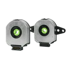 Compact silver metal rotary encoder module with a central circular shaft bore and a black side-mounted multi-pin connector.