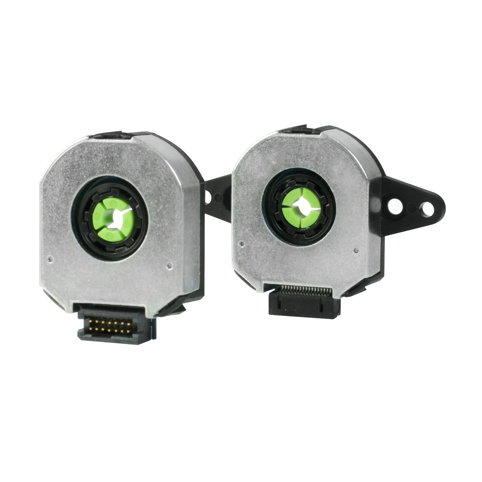 Compact silver metal rotary encoder module with a central circular shaft bore and a black side-mounted multi-pin connector.