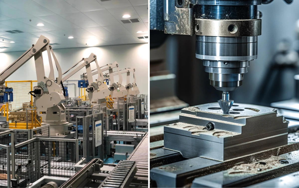 Robot vs Machine – Industrial Motion Control Industrial robotic arms alongside a CNC milling machine, comparing robotics and precision motion control.