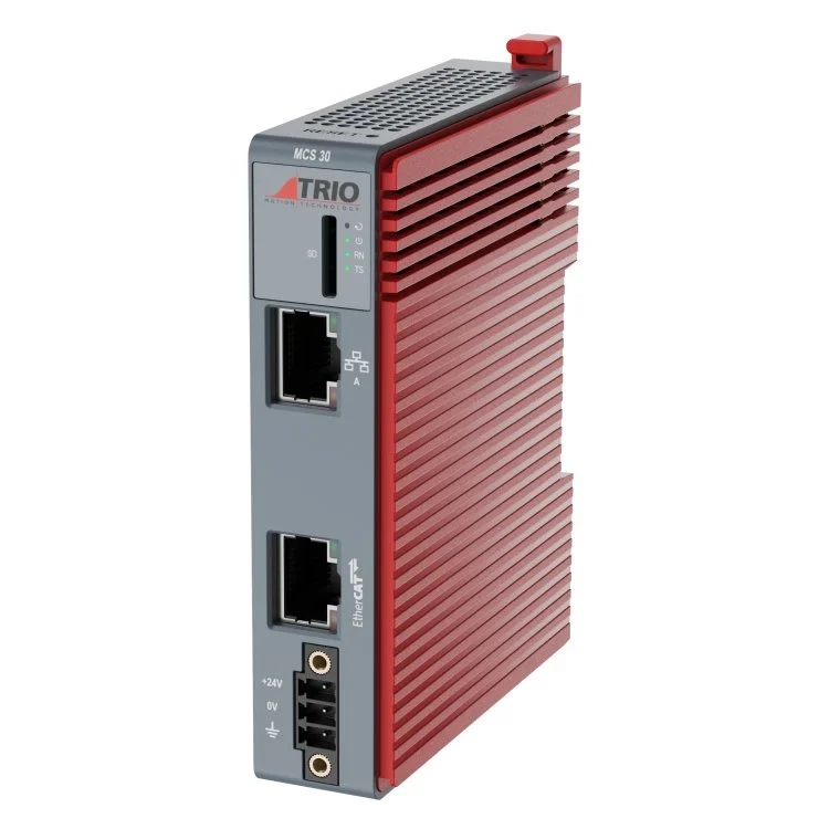 Trio MCS30 motion-PLC controller unit, grey and red industrial module with venting slots, ports and expansion slots visible