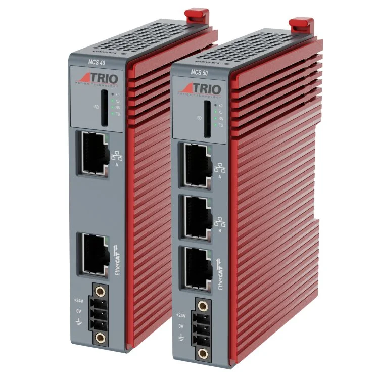 Trio MCS40-50 Motion-PLC industrial controller, compact grey and red unit with vent slots, Ethernet ports, and expansion connectors